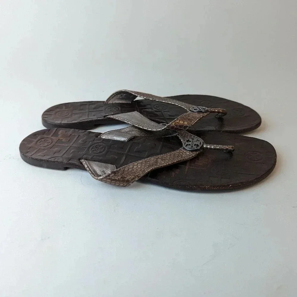 Tory Burch Thora Metallic Snakeskin Leather Flip Flops / 9